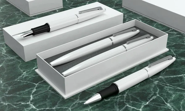 3d illustration render of a writing set. Ball pen and ink pen in — Stock Photo, Image