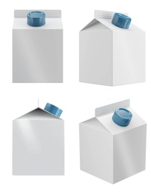 Beyaz arkaplanda izole edilmiş farklı açılardan bir süt veya meyve suyu paketinin 3d görüntülemesi