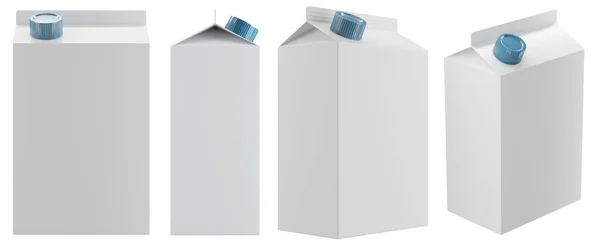 从与白色背景隔离的不同角度对牛奶或果汁包装进行三维演示 — 图库照片