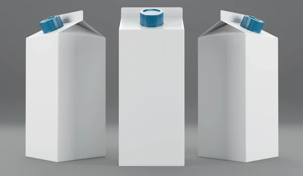 灰色の背景にミルクやジュースパッケージモックアップの3Dレンダリングイラスト 遠近法 — ストック写真