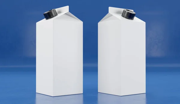 牛乳やジュースパッケージのモックアップの3Dレンダリングイラストは青の背景に 遠近法 — ストック写真