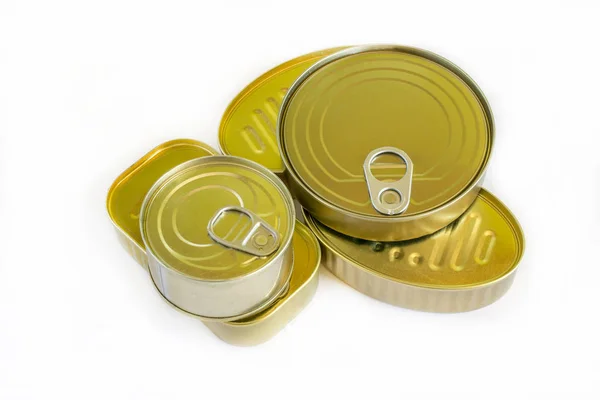 Various Cans Canned Unopened Fish White Background — Stock Photo, Image