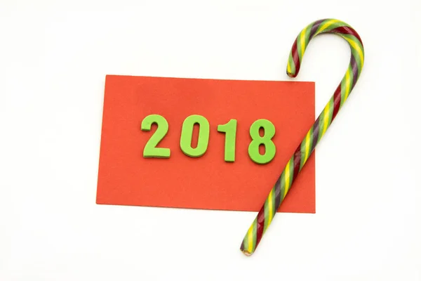 Cartão Vermelho Parabenizando Natal Ano 2018 Fundo Branco — Fotografia de Stock