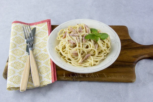Espaguete Com Molho Carbonara Bacon — Fotografia de Stock
