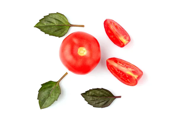 Fresh Tomatoes Basil Leaves Isolated White Top View — Stock Photo, Image