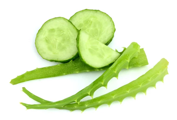 Fresh Aloe Vera Sliced Cucumbers Isolated White Background Top Vew — Stock Photo, Image