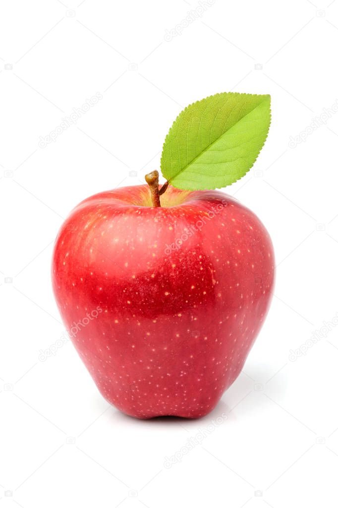 Ripe red apple with leaf isolated on white background.
