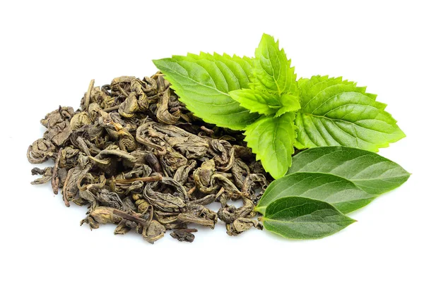 Green Tea Fresh Leaf Mint Isolated White Background — Stock Photo, Image