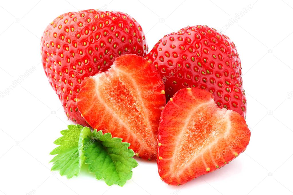 Fresh strawberries with strawberry leaf isolated.