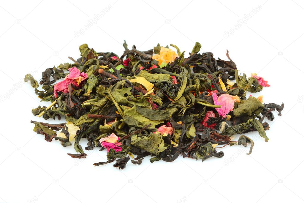 Green tea with roses and berries. Dry flowers,leaves and herbs.