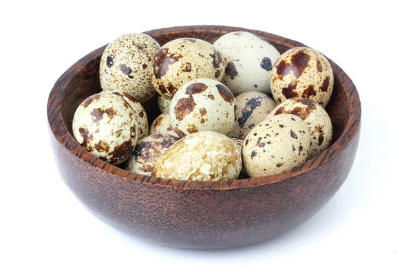 Quail Eggs Wooden Bowl White Background — Stock Photo, Image