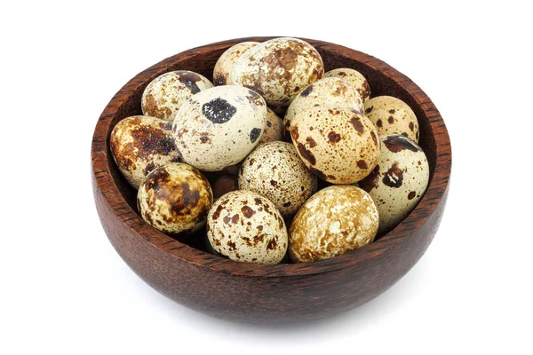 Quail Eggs Wooden Bowl Close White Background — Stock Photo, Image