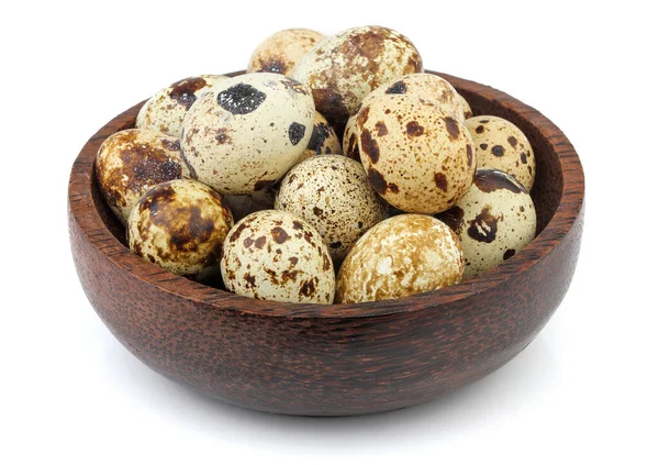 Αυγά Ορτυκιού Ξύλινο Μπολ Απομονωμένα Λευκό Φόντο — Φωτογραφία Αρχείου