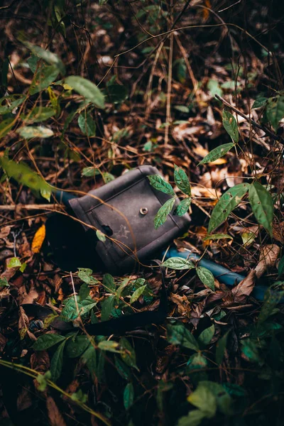 Velho Saco Pequeno Perdido Chão Com Folhas Verdes — Fotografia de Stock