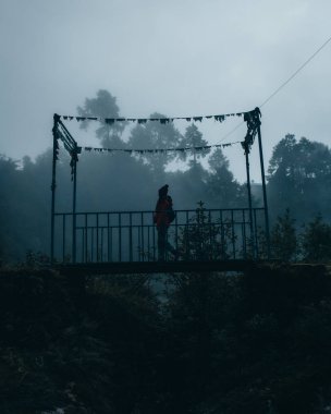 sisli sahnede köprüde duran siluetli kişi