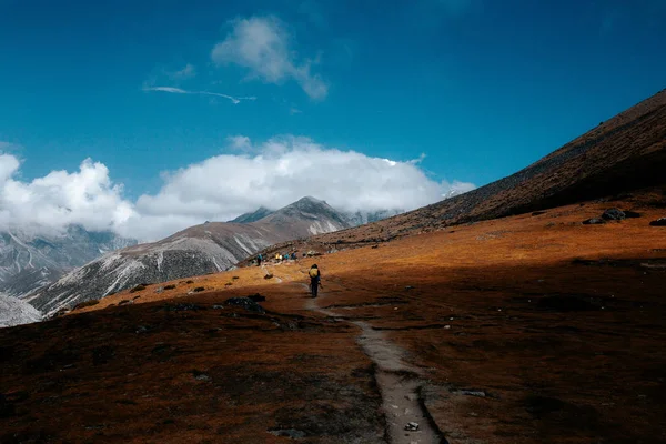 Uitzicht Bergachtig Landschap Met Verre Wandelaar Onder Blauwe Hemel — Stockfoto