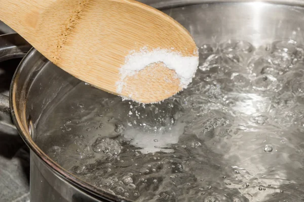 Boiling Water Pour Salt Wooden Spoon — Stock Photo, Image