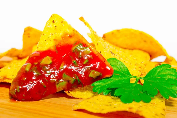 Corn Chips Nachos Tomato Salsa Sauce Place Your Text — Stock Photo, Image