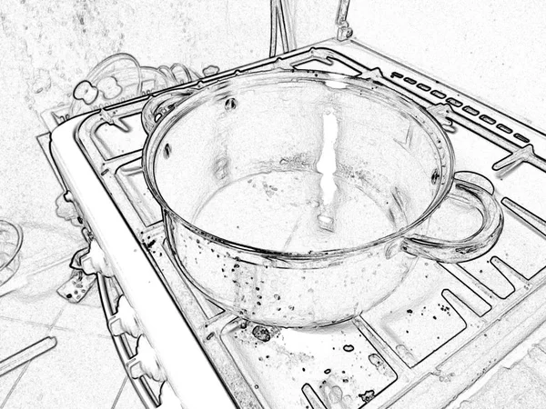 Foto verwerkt in de stijl van potlood tekening. Stalen sstoit kazov pot op het fornuis. — Stockfoto
