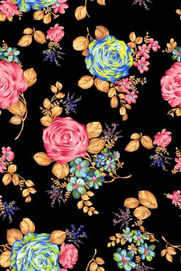 Bahar çiçekleri ve yapraklarıyla kusursuz desen. El çizimi arka plan. Duvar kağıdı ya da kumaş için çiçek deseni. Çiçek gülü. Botanik Döşemesi.