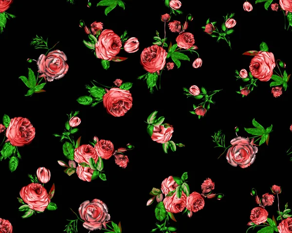 Bahar çiçekleri ve yapraklarıyla kusursuz desen. El çizimi arka plan. Duvar kağıdı ya da kumaş için çiçek deseni. Çiçek gülü. Botanik Döşemesi.