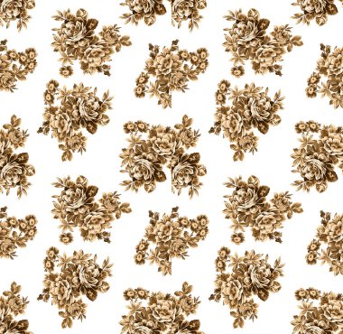 Bahar çiçekleri ve yapraklarıyla kusursuz desen. El çizimi arka plan. Duvar kağıdı ya da kumaş için çiçek deseni. Çiçek gülü. Botanik Döşemesi.