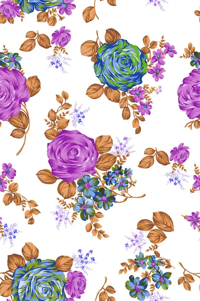 无缝图案 春花叶茂 手绘背景 墙纸或织物的花纹 花玫瑰 植物区系 — 图库照片