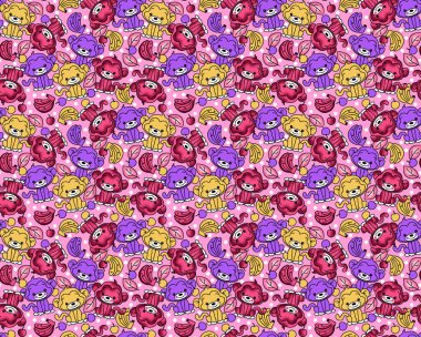 Kusursuz bir arka plan, oyuncaklar, pembe arka planda kediler, parlak desenli çocuklar.