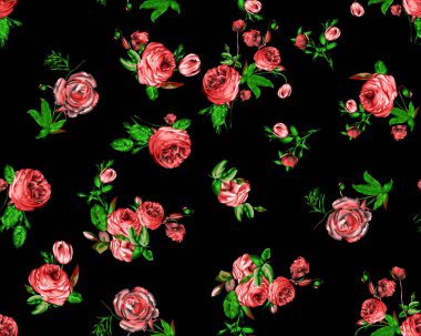 Bahar çiçekleri ve yapraklarıyla kusursuz desen. El çizimi arka plan. Duvar kağıdı ya da kumaş için çiçek deseni. Çiçek gülü. Botanik Döşemesi.