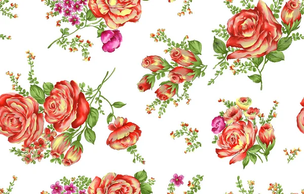 Seamless Pattern Spring Flowers Leaves Hand Drawn Background Floral Pattern — Stock Photo, Image