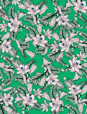 Bahar çiçekleri ve yapraklarıyla kusursuz desen. El çizimi arka plan. Duvar kağıdı ya da kumaş için çiçek deseni. Çiçek gülü. Botanik Döşemesi.