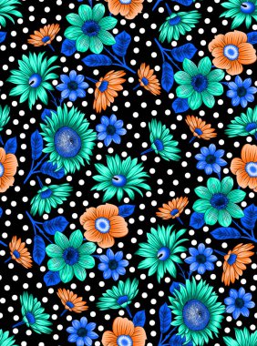 Bahar çiçekleri ve yapraklarıyla kusursuz desen. El çizimi arka plan. Duvar kağıdı ya da kumaş için çiçek deseni. Çiçek gülü. Botanik Döşemesi.