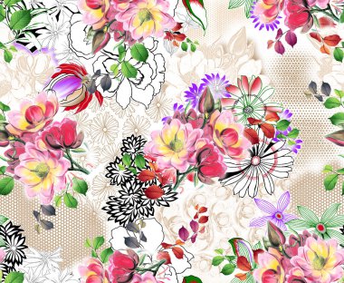 Bahar çiçekleri ve yapraklarıyla kusursuz desen. El çizimi arka plan. Duvar kağıdı ya da kumaş için çiçek deseni. Çiçek gülü. Botanik Döşemesi.