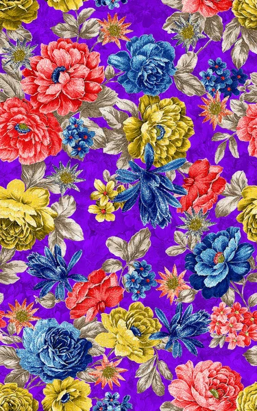 Modello Senza Cuciture Con Fiori Foglie Primaverili Sfondo Disegnato Mano — Foto Stock