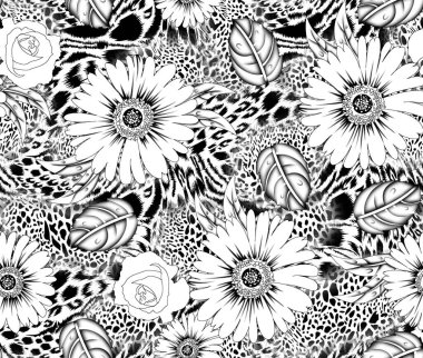 Bahar çiçekleri ve yapraklarıyla kusursuz desen. El çizimi arka plan. Duvar kağıdı ya da kumaş için çiçek deseni. Çiçek gülü. Botanik Döşemesi.