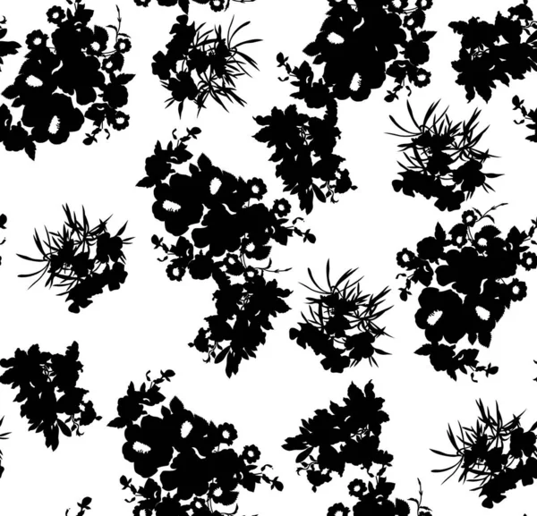 花や葉が異なる花のシームレスなパターン 黒と白の植物イラストハンド塗装 テキスタイルプリント ファブリックウォッチ 包装紙 — ストック写真