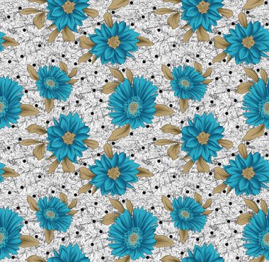 Bahar çiçekleri ve yapraklarıyla kusursuz desen. El çizimi arka plan. Duvar kağıdı ya da kumaş için çiçek deseni. Çiçek gülü. Botanik Döşemesi.