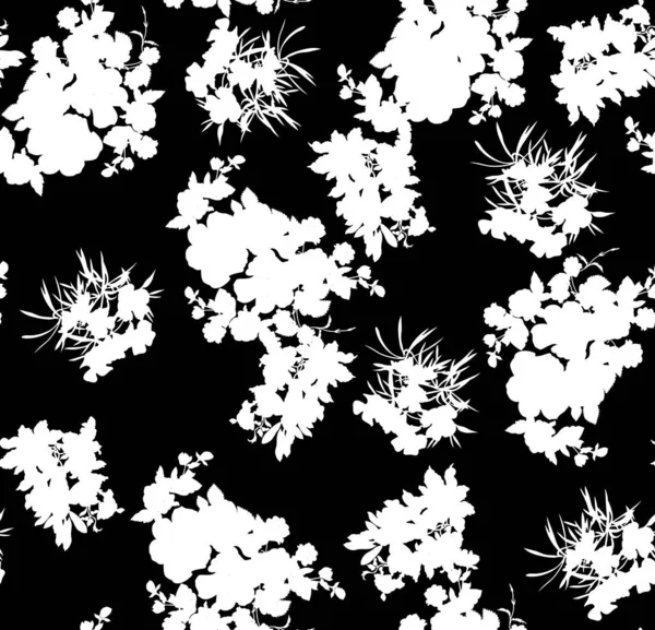 Floral Seamless Pattern Different Flowers Leaves Black White Botanical Illustration — Stock Photo, Image