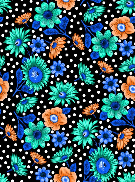 Bahar çiçekleri ve yapraklarıyla kusursuz desen. El çizimi arka plan. Duvar kağıdı ya da kumaş için çiçek deseni. Çiçek gülü. Botanik Döşemesi.