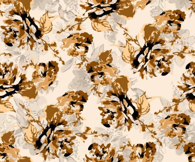 Bahar çiçekleri ve yapraklarıyla kusursuz desen. El çizimi arka plan. Duvar kağıdı ya da kumaş için çiçek deseni. Çiçek gülü. Botanik Döşemesi.