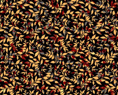 Bahar çiçekleri ve yapraklarıyla kusursuz desen. El çizimi arka plan. Duvar kağıdı ya da kumaş için çiçek deseni. Çiçek gülü. Botanik Döşemesi.