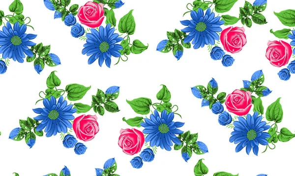 无缝图案 春花叶茂 手绘背景 墙纸或织物的花纹 花玫瑰 植物区系 — 图库照片