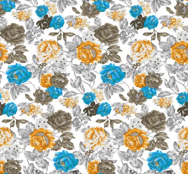 Bahar çiçekleri ve yapraklarıyla kusursuz desen. El çizimi arka plan. Duvar kağıdı ya da kumaş için çiçek deseni. Çiçek gülü. Botanik Döşemesi.