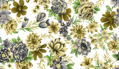 Bahar çiçekleri ve yapraklarıyla kusursuz desen. El çizimi arka plan. Duvar kağıdı ya da kumaş için çiçek deseni. Çiçek gülü. Botanik Döşemesi.