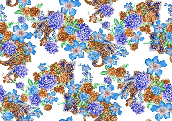 春の花や葉とシームレスなパターン 手描きの背景 壁紙や布の花柄 花が上がった 植物性タイル — ストック写真