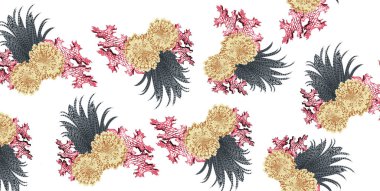 Bahar çiçekleri ve yapraklarıyla kusursuz desen. El çizimi arka plan. Duvar kağıdı ya da kumaş için çiçek deseni. Çiçek gülü. Botanik Döşemesi.