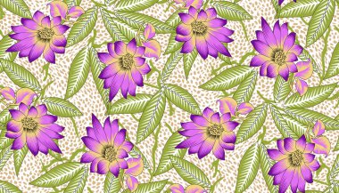 Bahar çiçekleri ve yapraklarıyla kusursuz desen. El çizimi arka plan. Duvar kağıdı ya da kumaş için çiçek deseni. Çiçek gülü. Botanik Döşemesi.