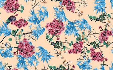 Bahar çiçekleri ve yapraklarıyla kusursuz desen. El çizimi arka plan. Duvar kağıdı ya da kumaş için çiçek deseni. Çiçek gülü. Botanik Döşemesi.