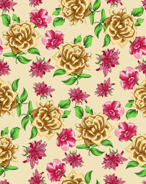 Bahar çiçekleri ve yapraklarıyla kusursuz desen. El çizimi arka plan. Duvar kağıdı ya da kumaş için çiçek deseni. Çiçek gülü. Botanik Döşemesi.