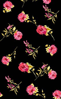 Bahar çiçekleri ve yapraklarıyla kusursuz desen. El çizimi arka plan. Duvar kağıdı ya da kumaş için çiçek deseni. Çiçek gülü. Botanik Döşemesi.